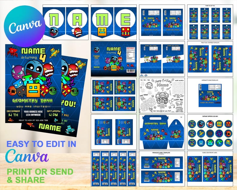 Geometry Dash Printable Birthday Kit | Party Favors | Kids Birthday ...