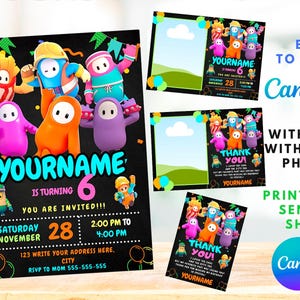 Fall Guys Birthday Invitation | Kids Birthday Invite | Canva Digital Printed | Instant Download Canva Template