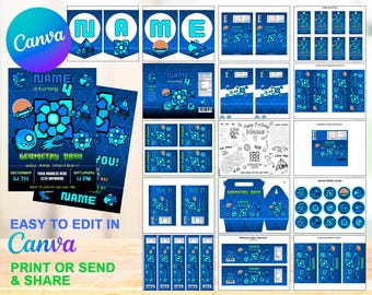 Geometry Dash Printable Birthday Kit | Party Favors | Kids Birthday Bundle | Canva Digital Printed | Instant Download Canva Template