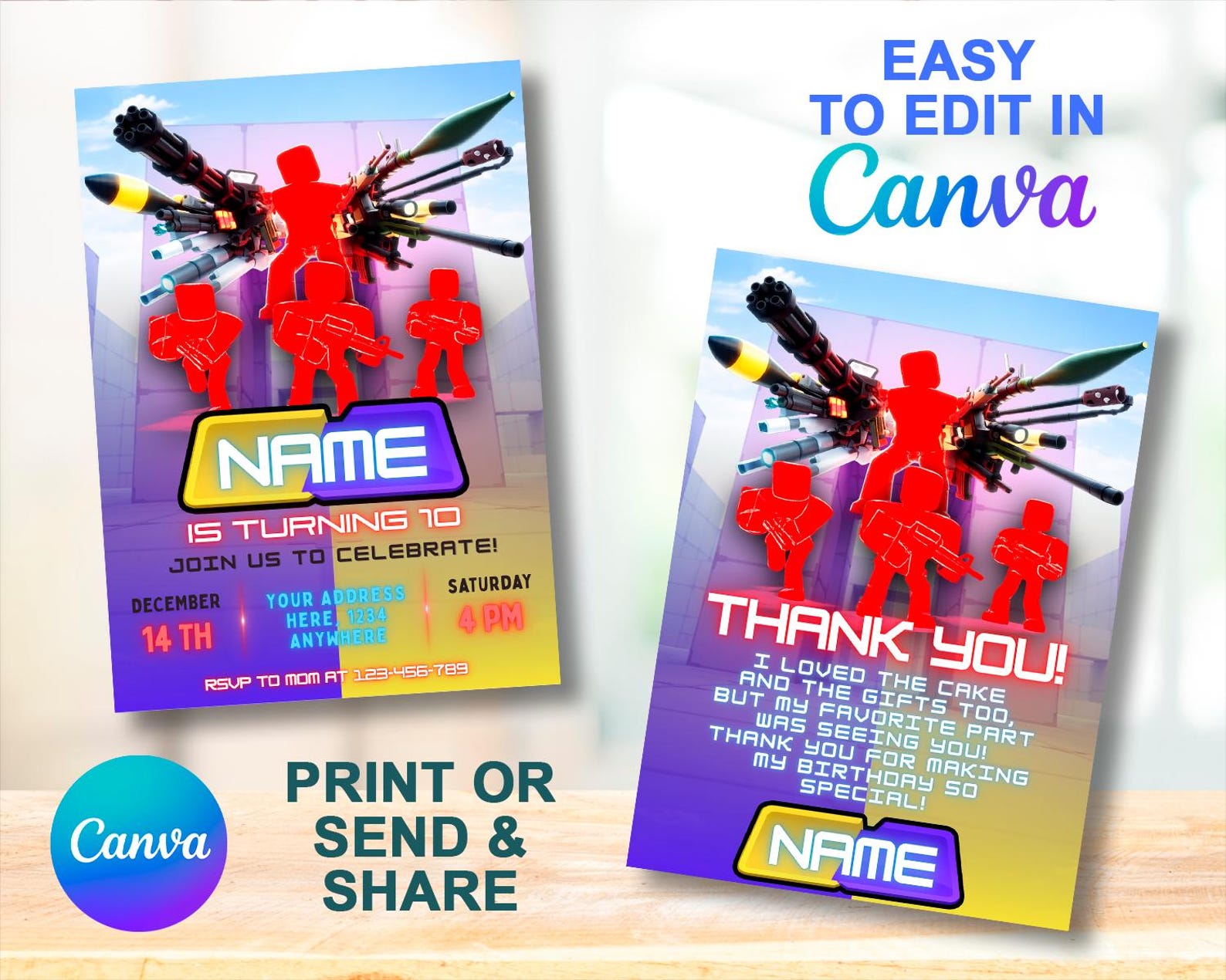 Roblox Rivals Birthday Canva Template Bundle – Editable Party Kit ...