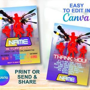 Puede incluir: Una invitación de fiesta de cumpleaños con un gráfico de soldado rojo y el texto "NAME IS TURNING 10". La invitación incluye la fecha, la hora y la información de RSVP. También se ven las palabras "PRINT OR SEND & SHARE".