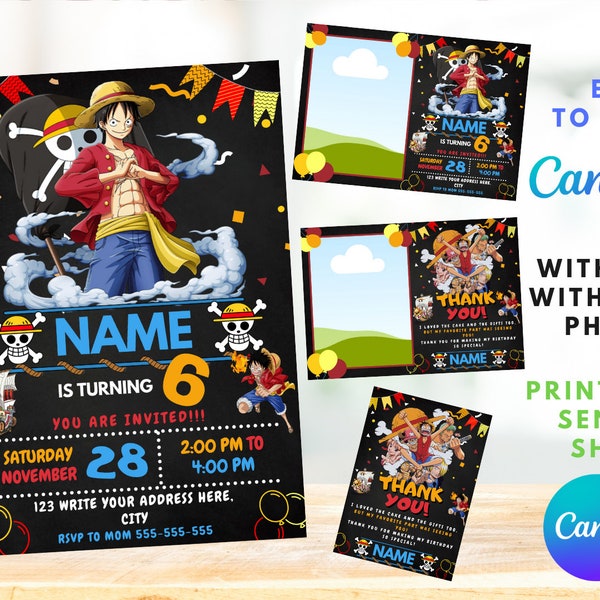 One Piece Geburtstagseinladung | Kindergeburtstagseinladung | Canva Digitaldruck | Canva-Vorlage sofort herunterladen