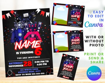 Skibidi Party Birthday Invitation | Kids Birthday Invite | Canva Digital Printed | Instant Download Canva Template