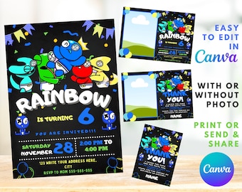 Rainbow Friends Birthday Invitation | Kids Birthday Invite | Canva Digital Printed | Instant Download Canva Template