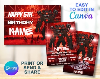Speakerman Birthday Party Set | Canva Editable Template | Invitation, Thank You Card & Welcome Sign | Digital Download