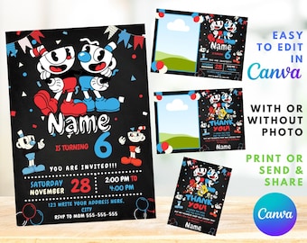 Cuphead Birthday Invitation | Kids Birthday Invite | Canva Digital Printed | Instant Download Canva Template