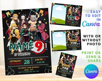 Demon Slayer Birthday Invitation | Kids Birthday Invite | Canva Digital Printed | Instant Download Canva Template