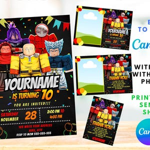 Puede incluir: Un conjunto de invitaciones de cumpleaños y tarjetas de agradecimiento digitales con personajes estilo bloque sobre un fondo negro con banderines coloridos. El texto incluye YOURNAME IS TURNING 10, YOU ARE INVITED, SATURDAY NOVEMBER 28 y THANK YOU.