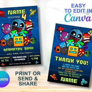 Puede incluir: Dos invitaciones azules para una fiesta de cumpleaños con temática de Geometry Dash. Una dice "Name is turning 4" e incluye los detalles de la fiesta. La otra dice "Thank You!" e incluye un mensaje de agradecimiento.