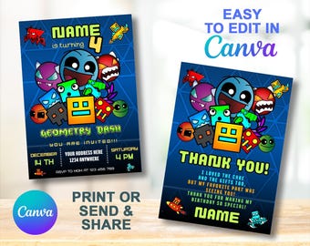Geometry Dash Birthday Invitation | Kids Birthday Invite | Canva Digital Printed | Instant Download Canva Template