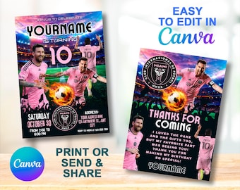 Inter Miami Messi Birthday Invitation & Thank You Card | Editable Canva Template | 5x7 in