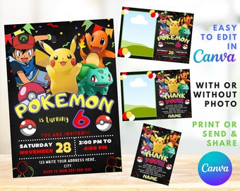 Pokémon Birthday Invitation | Kids Birthday Invite | Canva Digital Printed | Instant Download Canva Template