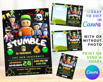 Stumble Guys Birthday Invitation | Kids Birthday Invite | Canva Digital Printed | Instant Download Canva Template