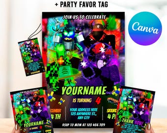 Retro Tower Defense Roblox Birthday Invitation Template | Editable Canva Invite, Thank You Card & Favor Tag | Gaming Party Printable