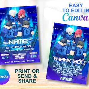 Puede incluir: Dos invitaciones de cumpleaños azules y moradas con personajes de dibujos animados. Una invitación dice "Name is turning 10" con detalles de la fiesta. La otra dice "Thank You!" con un mensaje. Las invitaciones son fáciles de editar en Canva.
