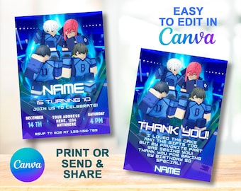Roblox Blue Lock Rivals Birthday Canva Template Bundle – Editable | Kids Birthday Invite | Canva Digital Printed | Instant Download