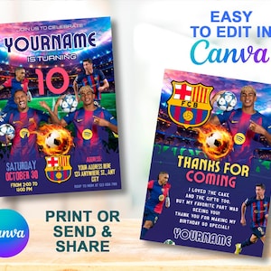 Puede incluir: Dos invitaciones de cumpleaños con temática de fútbol. Una dice "YOURNAME cumple 10" con un gráfico de jugador de fútbol. La otra dice "GRACIAS POR VENIR" con un gráfico de jugador de fútbol. Ambas tienen el logotipo y el texto de Canva.