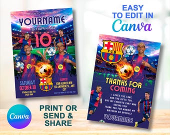 FC Barcelona Birthday Invitation & Thank You Card | Editable Canva Template | 5x7 in