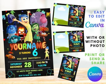 Inside out Birthday Invitation | Kids Birthday Invite | Canva Digital Printed | Instant Download Canva Template