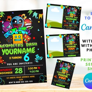 Geometry Dash Geburtstagseinladung | Kindergeburtstagseinladung | Canva Digitaldruck | Canva-Vorlage sofort herunterladen