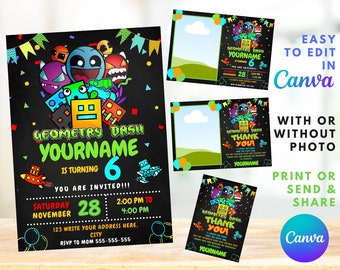 Geometry Dash Birthday Invitation | Kids Birthday Invite | Canva Digital Printed | Instant Download Canva Template