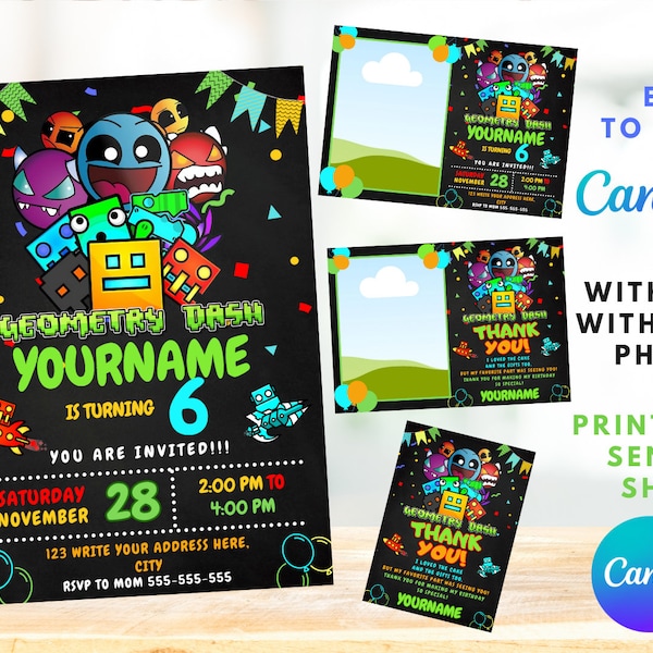 Geometry Dash Birthday Invitation | Kids Birthday Invite | Canva Digital Printed | Instant Download Canva Template