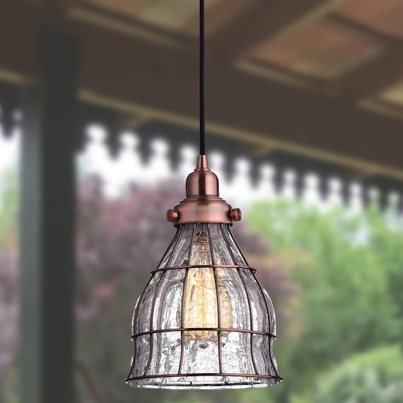 Smyrini Vintage Cracked Glass Pendant Lights Red Antique Copper Finish
