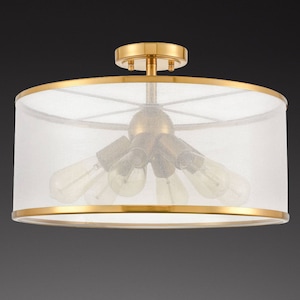 Patmos Modern Gold Drum Ceiling Light Organza Lamp Shade 6-Light