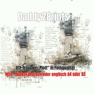 Puede incluir: Un diseño digital con dos faros sobre un fondo de texto de periódico. El texto dice "Daddy2Prints" y "DTF-Transfer "Plott" in Fotoqualität HELL/dunkel deutsch oder englisch A4 oder A5".