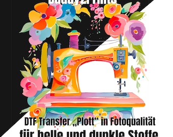 Nähmaschine mit Blumen  -  DTF A4  -  auf HELLEN Textilien siehe Beschreibung - Nur noch pressen - fertig. auch auf Baumwolle