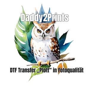 Puede incluir: Una ilustración de acuarela de un búho posado en una rama con hojas verdes. El texto "Daddy2Prints" está por encima del búho y el texto "DTF Transfer "Plot" in Fotoqualität" está debajo del búho.