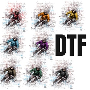 May include: Six digital art illustrations of hockey players in different colors, including red, orange, blue, purple, green, and black, on a white background with text. The text includes hockey terms like "penalty", "offside", "goal", and "overtime". The word "DTF" is in black text below the illustrations.