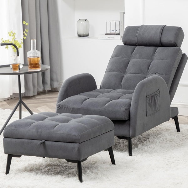 Dark Grey Velvet Accent Chair and Ottoman Set - Adjustable Backrest, Storage, and Ultimate Comfort - Chair for Living Room or Bedroom