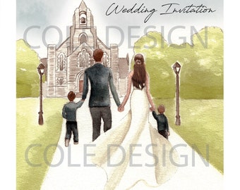 Hand Painted Wedding Invitation Bride and Groom with Children