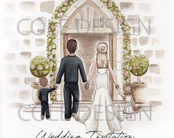 Hand Painted Wedding Invitation Bride and Groom with Children