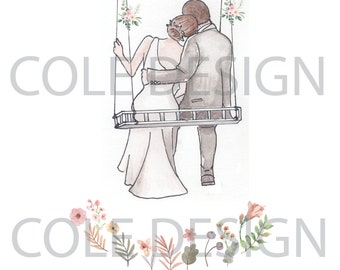 Hand Painted Wedding Invitation Bride and Groom on a Swing