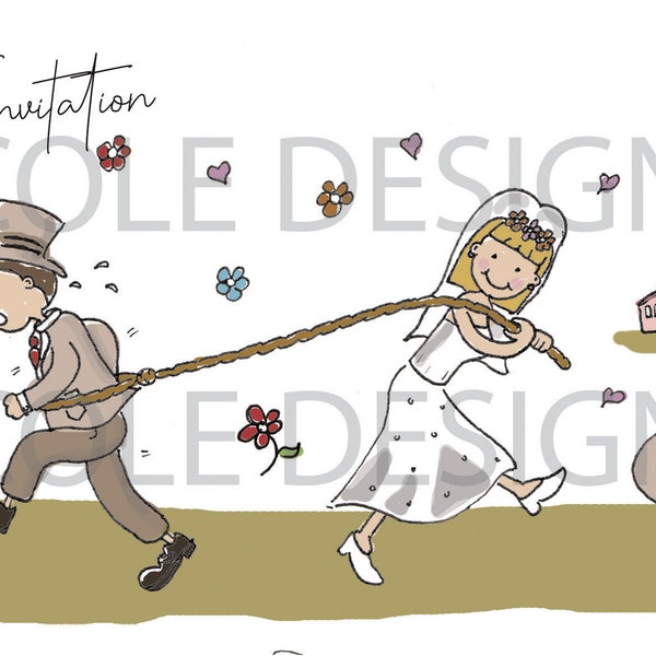 Digital Drawn Cute and Quirky Funny Wedding Invitation - Rope Pulling Groom