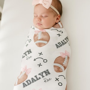 Football Baby Blanket, Name Baby Girl Swaddle Personalized Shower Gift Sports Baby Boy Coming Home Outfit Hospital Photo Prop Swaddle Hat