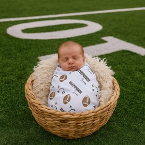 Football Baby Blanket, Name Baby Boy Swaddle Personalized Shower Gift Sports Baby Boy Coming Home Outfit Hospital Photo Prop Swaddle Hat