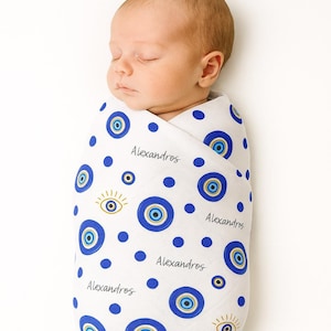 Personalized Swaddle Blanket with Hat for Newborn Boy - Evil Eye Baby Shower Gift