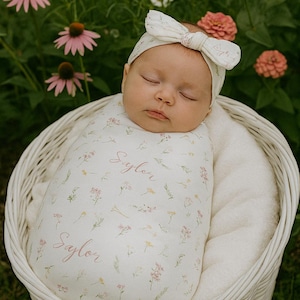 Wildflower swaddle set, Wildflower blanket and headband, Floral swaddle, Floral baby girl swaddle, Hospital Baby Blanket, Newborn wrap