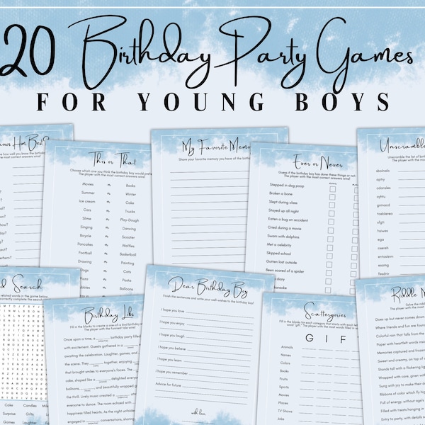 Printable Birthday Party Games for Boys 20 Pack Bundle Set for Him Educational  Interactive Games Kids Blue Instant Digital Design Download