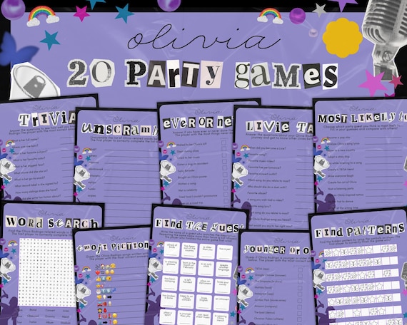 Olivia R Singer Themed Purple Sour Guts Party Fun Interactive Twenty Digital Games Bundle for Livies Birthdays Concerts Sleepover Activities