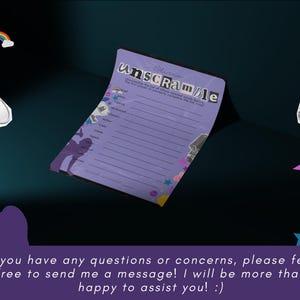 Puede incluir: Un juego de palabras cruzadas imprimible en morado y blanco con el texto "unscramble" en una pancarta morada. El juego incluye una lista de palabras para descifrar. El fondo es negro con estrellas de colores y un micr&oacute;fono.
