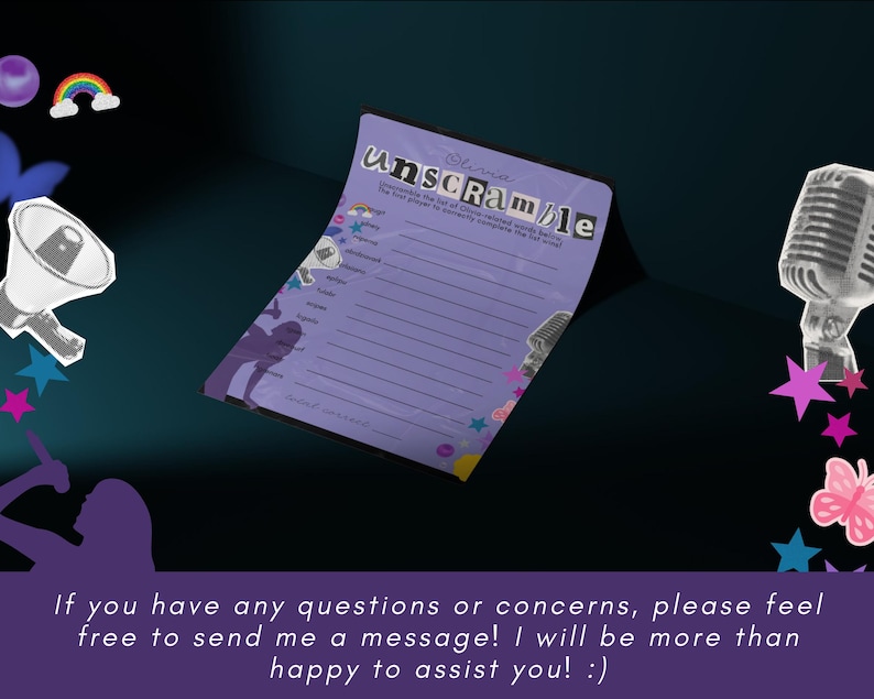 Puede incluir: Un juego de palabras cruzadas imprimible en morado y blanco con el texto "unscramble" en una pancarta morada. El juego incluye una lista de palabras para descifrar. El fondo es negro con estrellas de colores y un micr&oacute;fono.