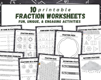 Spaß Brüche Arbeitsblätter für Grundschüler 10er-Pack Bundle Set Kinder Aktivitäten druckbar Mathe digitaler Download