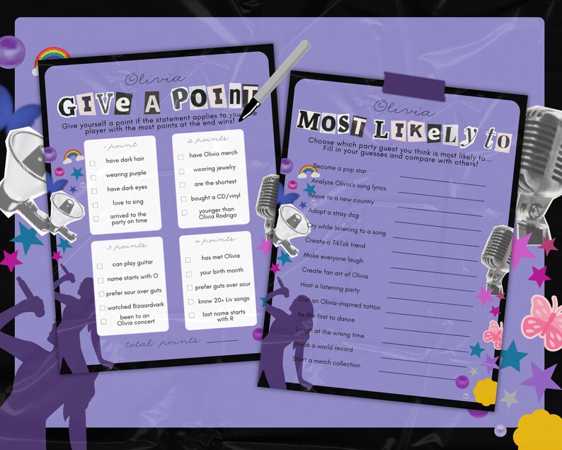 Puede incluir: Dos tarjetas de juego imprimibles con fondo morado y estrellas de colores. La primera tarjeta se titula "Give a Point" y tiene una lista de afirmaciones sobre Olivia Rodrigo. La segunda tarjeta se titula "Most Likely To" y tiene una lista de afirmaciones sobre un invitado a una fiesta.