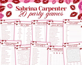 Paquete de 20 juegos digitales para fiestas con temática de Sabrina Carpenter, cortos, dulces, rosados y rojos, divertidos, interactivos, para cumpleaños, conciertos, fiestas de pijamas y actividades musicales