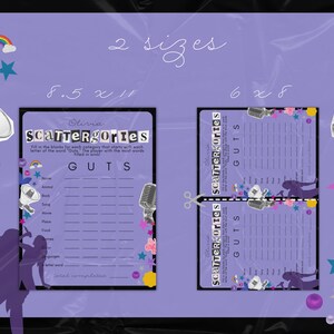 Puede incluir: Tarjeta de juego imprimible de color morado con el t&iacute;tulo "Scattergories" y la palabra "GUTS" en letras grandes. La tarjeta de juego est&aacute; disponible en dos tama&ntilde;os: 8,5 x 11 pulgadas y 6 x 8 pulgadas.