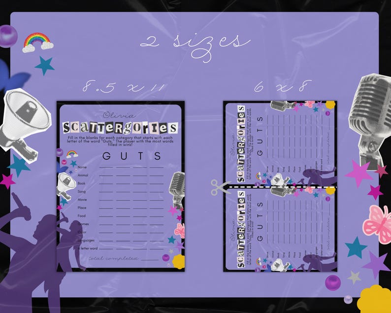 Puede incluir: Tarjeta de juego imprimible de color morado con el t&iacute;tulo "Scattergories" y la palabra "GUTS" en letras grandes. La tarjeta de juego est&aacute; disponible en dos tama&ntilde;os: 8,5 x 11 pulgadas y 6 x 8 pulgadas.